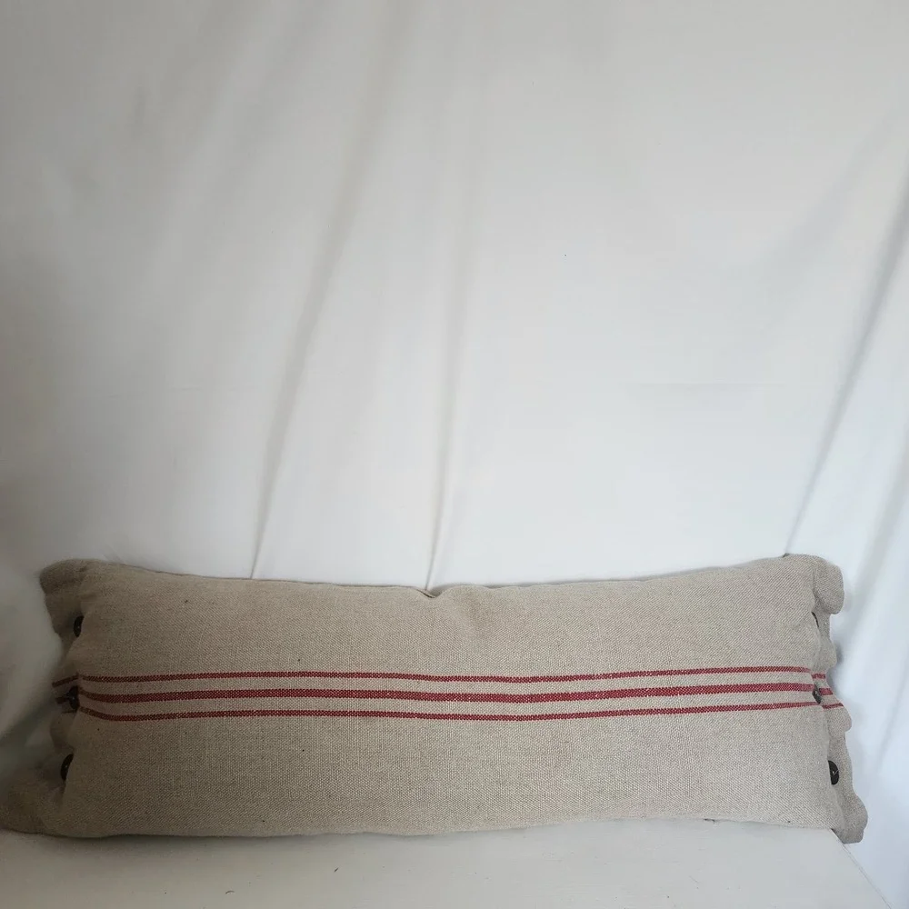 POTTERY BARN RED STRIPE LINEN HEMP FRENCH GRAIN SACK BUTTON PILLOW  16x26